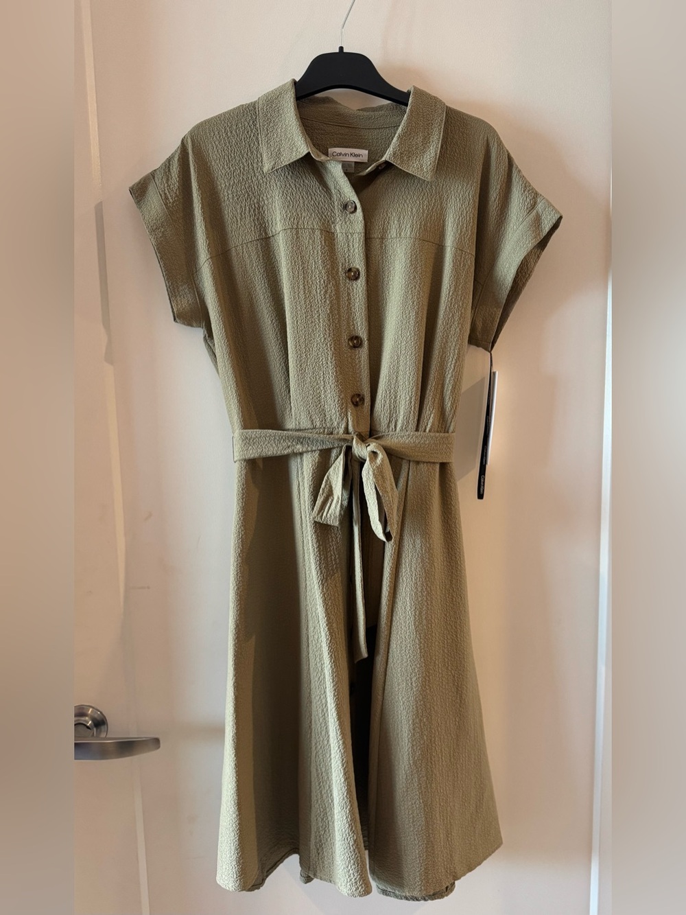 Calvin Klein Olive Green Button-Front Tie-Waist Midi Shirt Dress